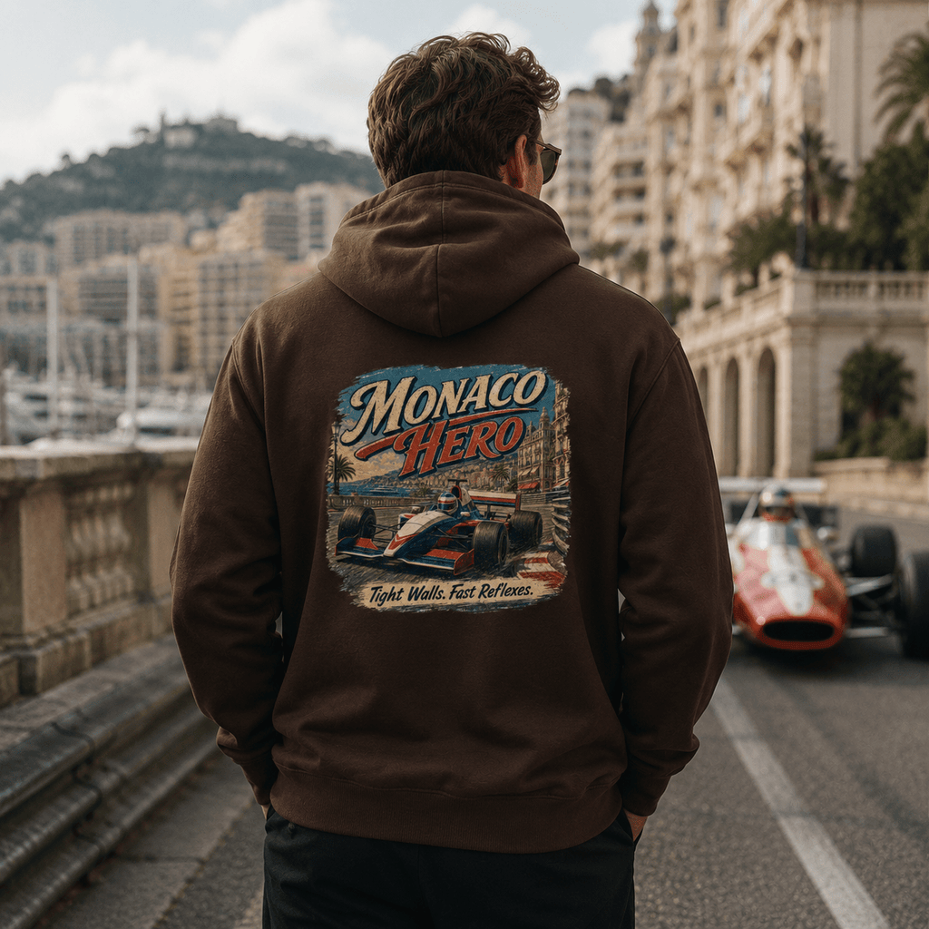 Model wearing Camberline Cars Monaco Hero Hoodie in Hot Chocolate