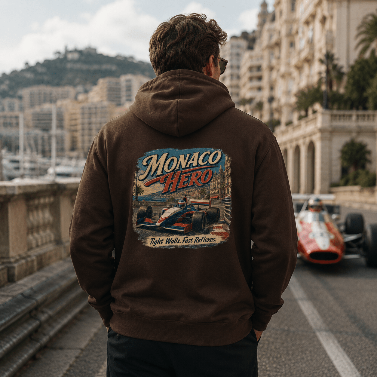 Model wearing Camberline Cars Monaco Hero Hoodie in Hot Chocolate