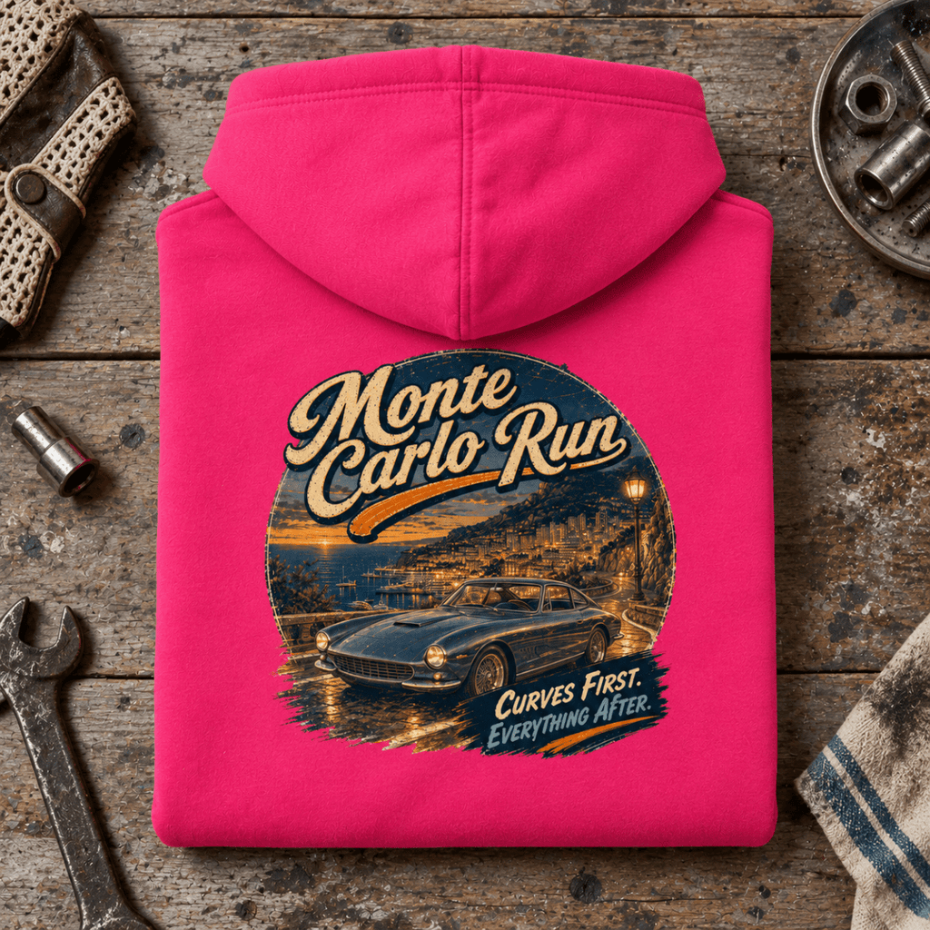 Classic Coupe Graphic Hoodie – Monte Carlo Run, folded back hero on a worn automotive workbench – car-hd-0053