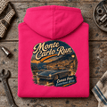 Classic Coupe Graphic Hoodie – Monte Carlo Run, folded back hero on a worn automotive workbench – car-hd-0053