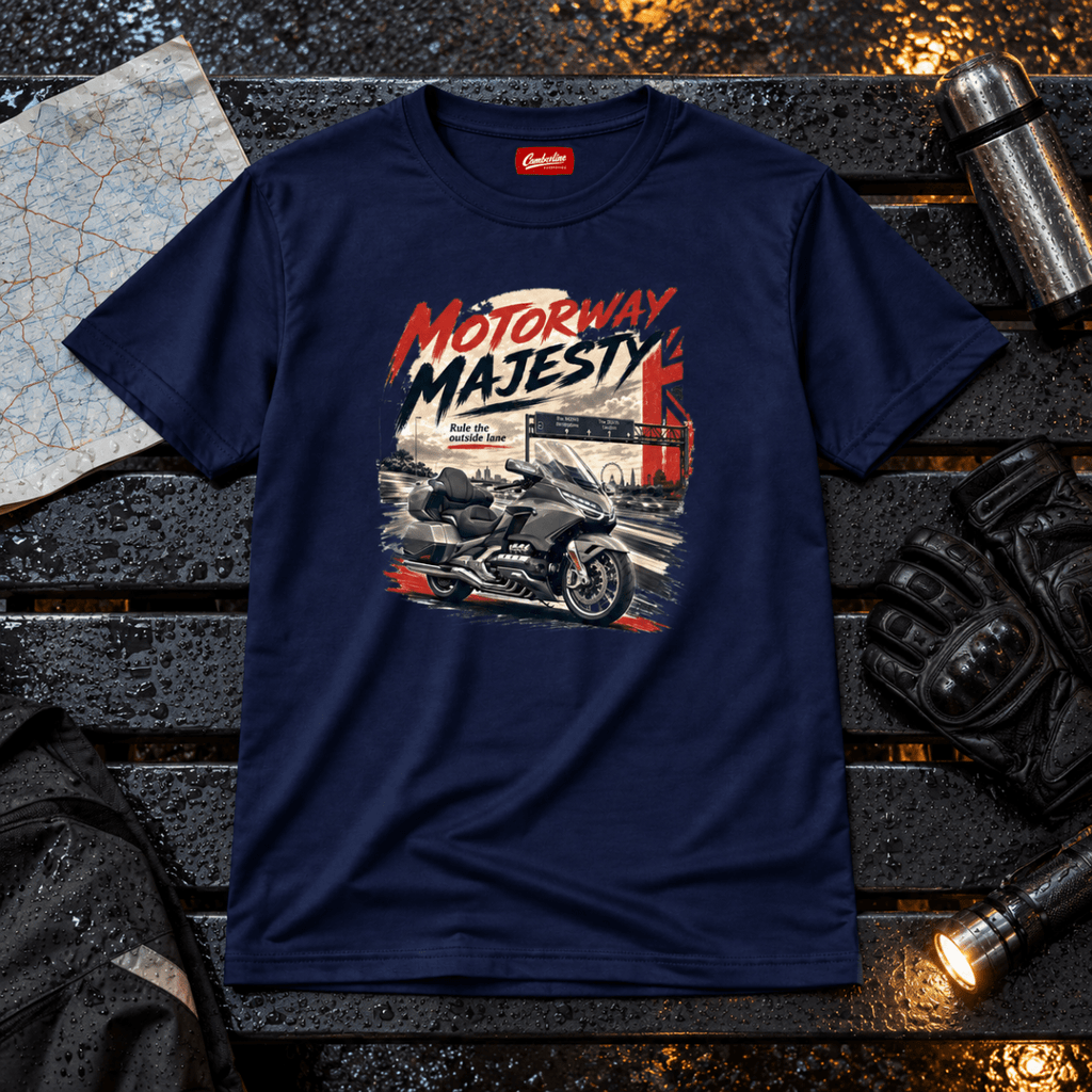 Motorway Majesty heavy touring motorcycle navy T-shirt front hero in a rainy service bay