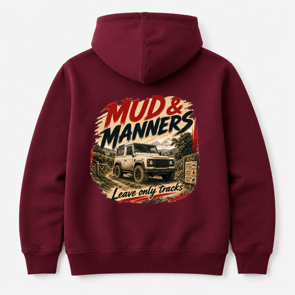 Camberline Cars Mud And Manners 4x4 Hoodie in Burgundy showing back graphic