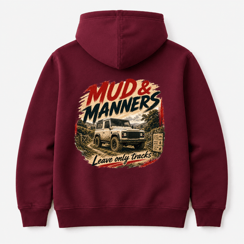 Camberline Cars Mud And Manners 4x4 Hoodie in Burgundy showing back graphic