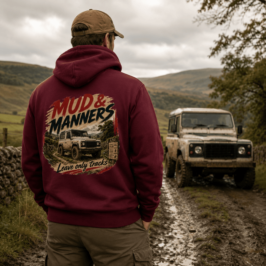 Model wearing Camberline Cars Mud And Manners 4x4 Hoodie in Burgundy, styled for car and 4x4 culture