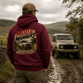Model wearing Camberline Cars Mud And Manners 4x4 Hoodie in Burgundy, styled for car and 4x4 culture