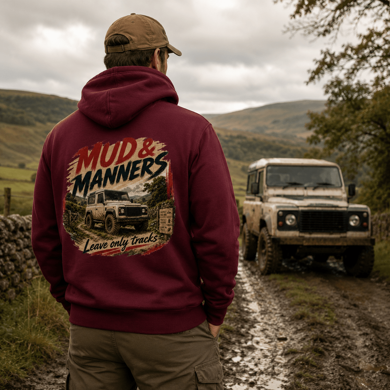 Model wearing Camberline Cars Mud And Manners 4x4 Hoodie in Burgundy, styled for car and 4x4 culture