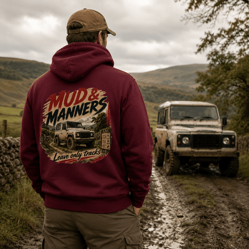 Model wearing Camberline Cars Mud And Manners 4x4 Hoodie in Burgundy, styled for car and 4x4 culture