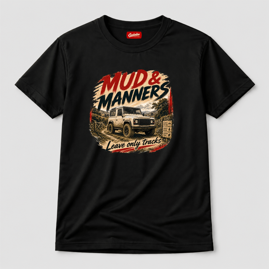 Camberline Cars Mud And Manners 4x4 T-Shirt in Black showing front graphic