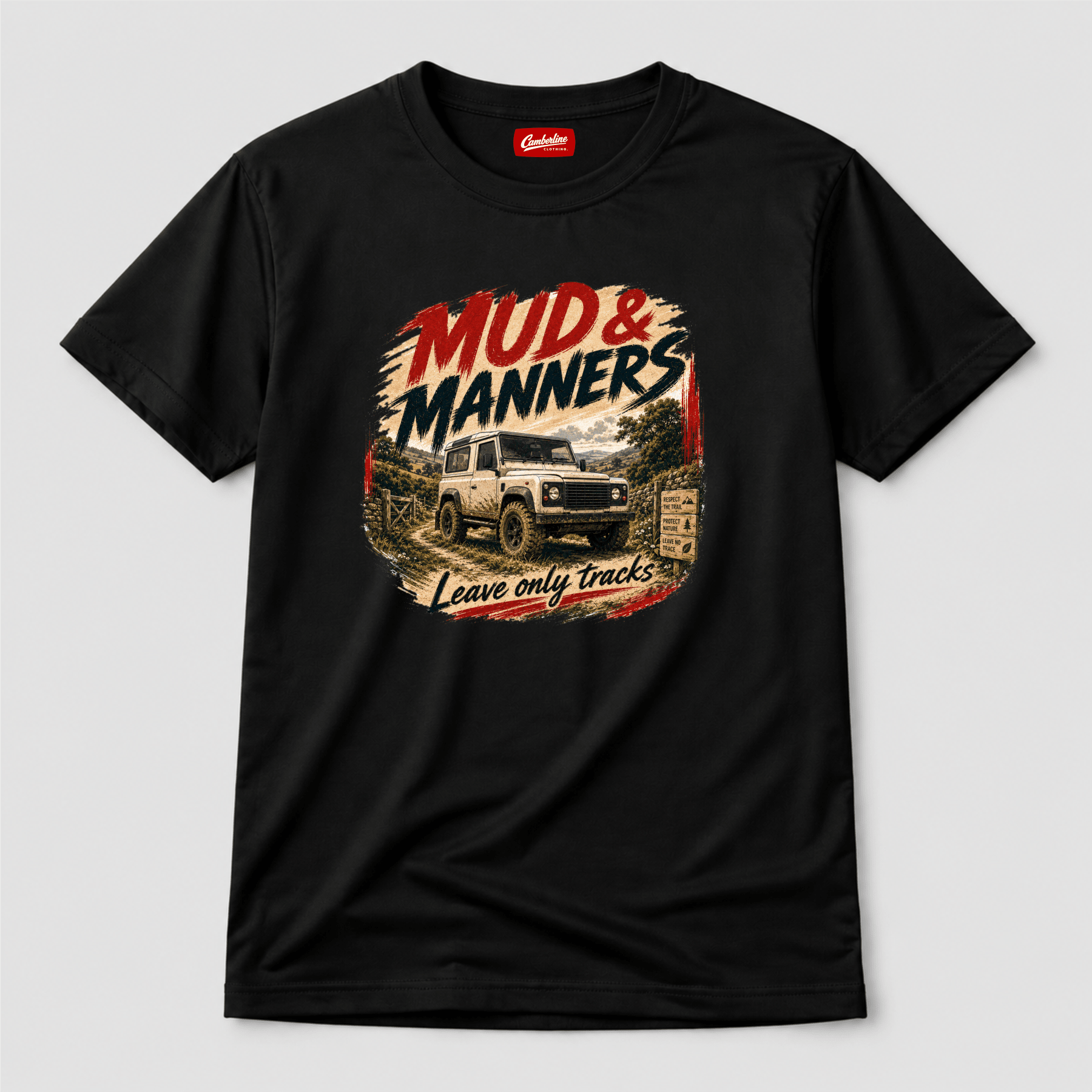 Camberline Cars Mud And Manners 4x4 T-Shirt in Black showing front graphic