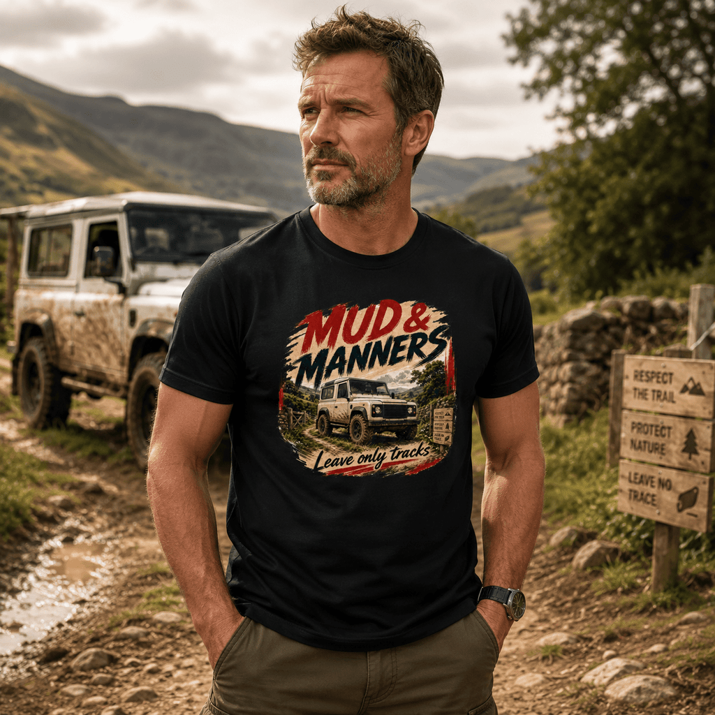 Model wearing Camberline Cars Mud And Manners 4x4 T-Shirt in Black, styled for car and 4x4 culture