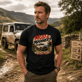 Model wearing Camberline Cars Mud And Manners 4x4 T-Shirt in Black, styled for car and 4x4 culture