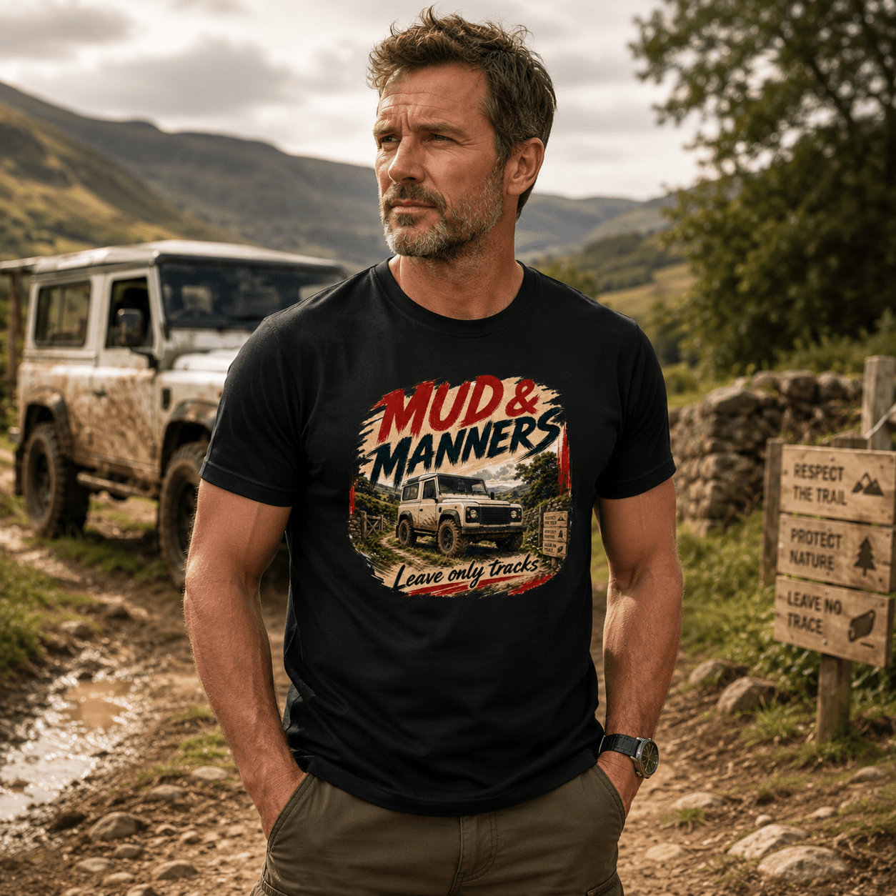 Model wearing Camberline Cars Mud And Manners 4x4 T-Shirt in Black, styled for car and 4x4 culture