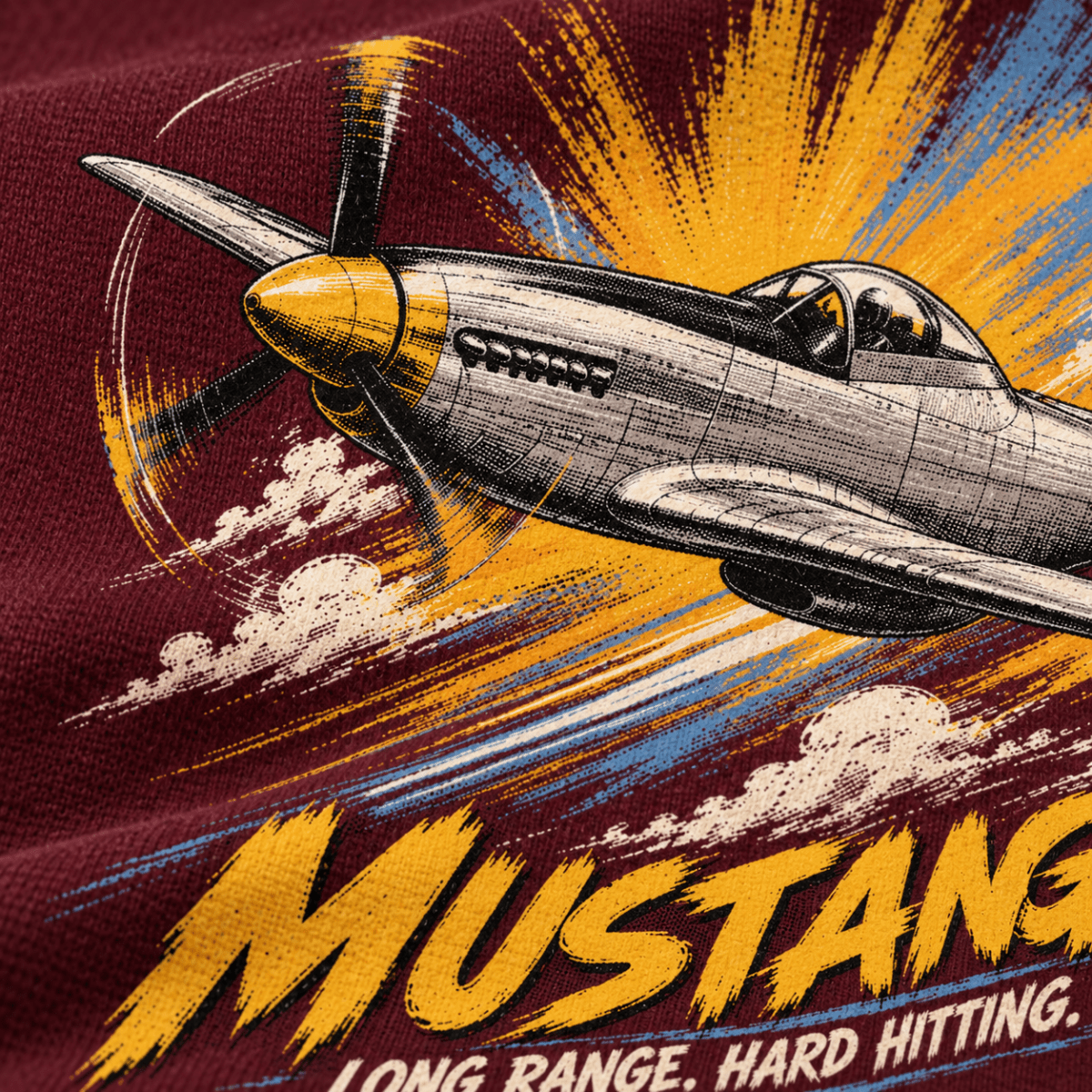 P-51 Mustang Fighter hoodie in Burgundy, close-up of the halftone artwork