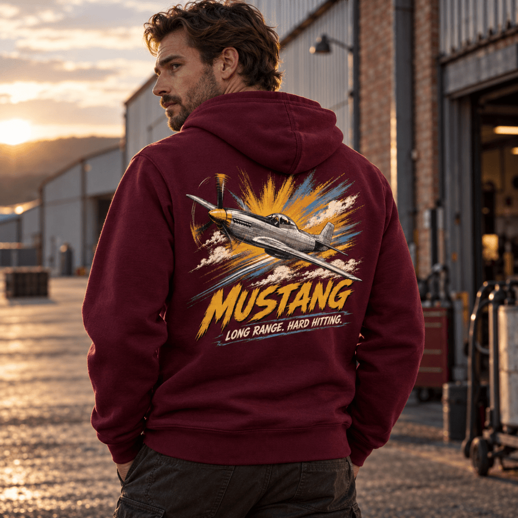 P-51 Mustang Fighter hoodie in Burgundy, back view worn by a model