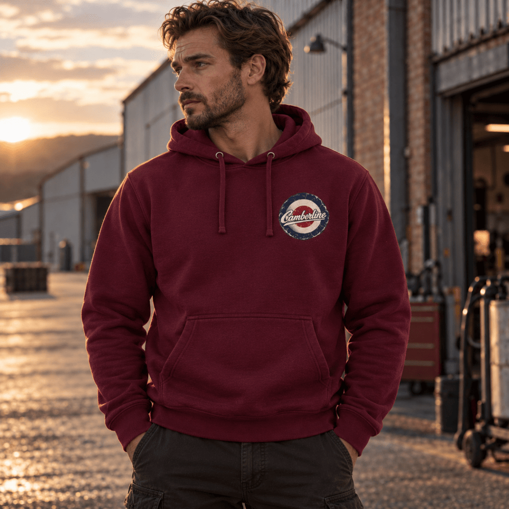 P-51 Mustang Fighter hoodie in Burgundy, front view worn by a model