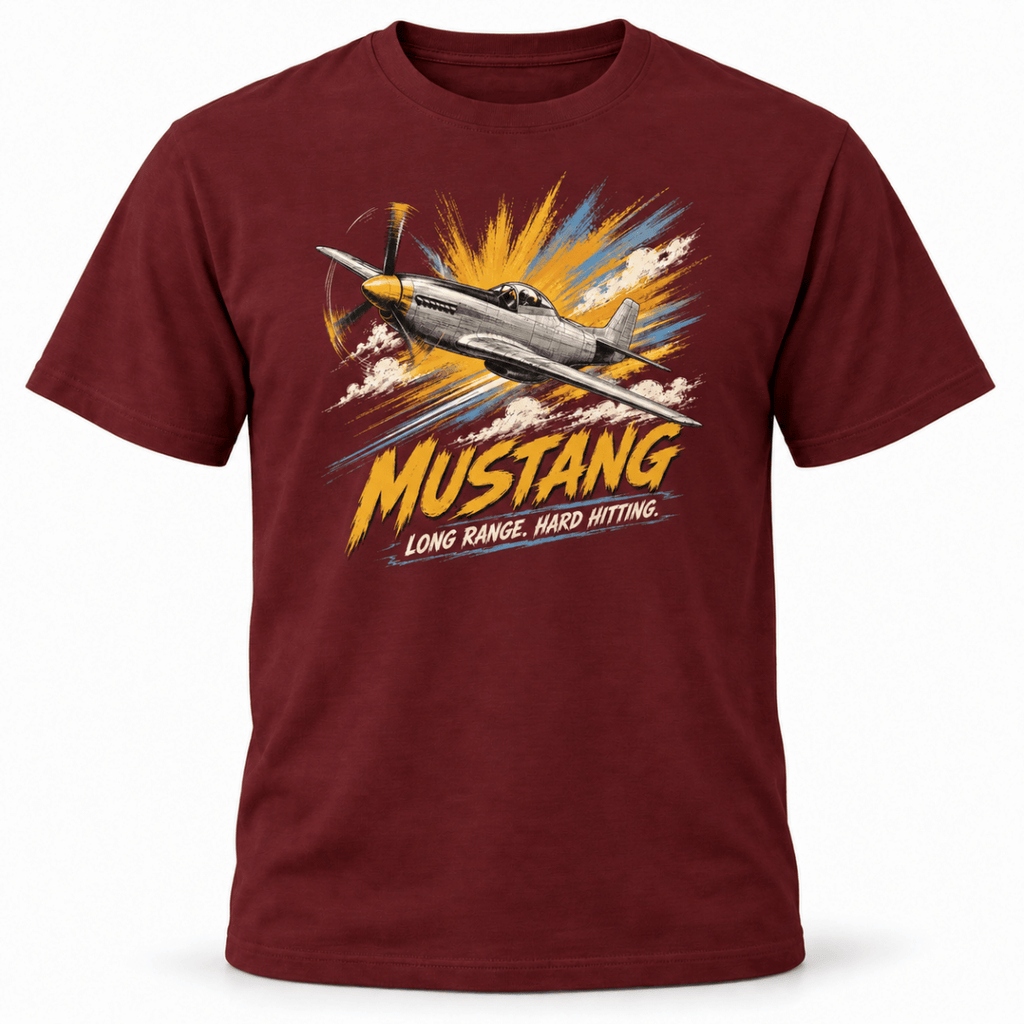 P-51 Mustang Fighter t-shirt in Burgundy, basic front product view