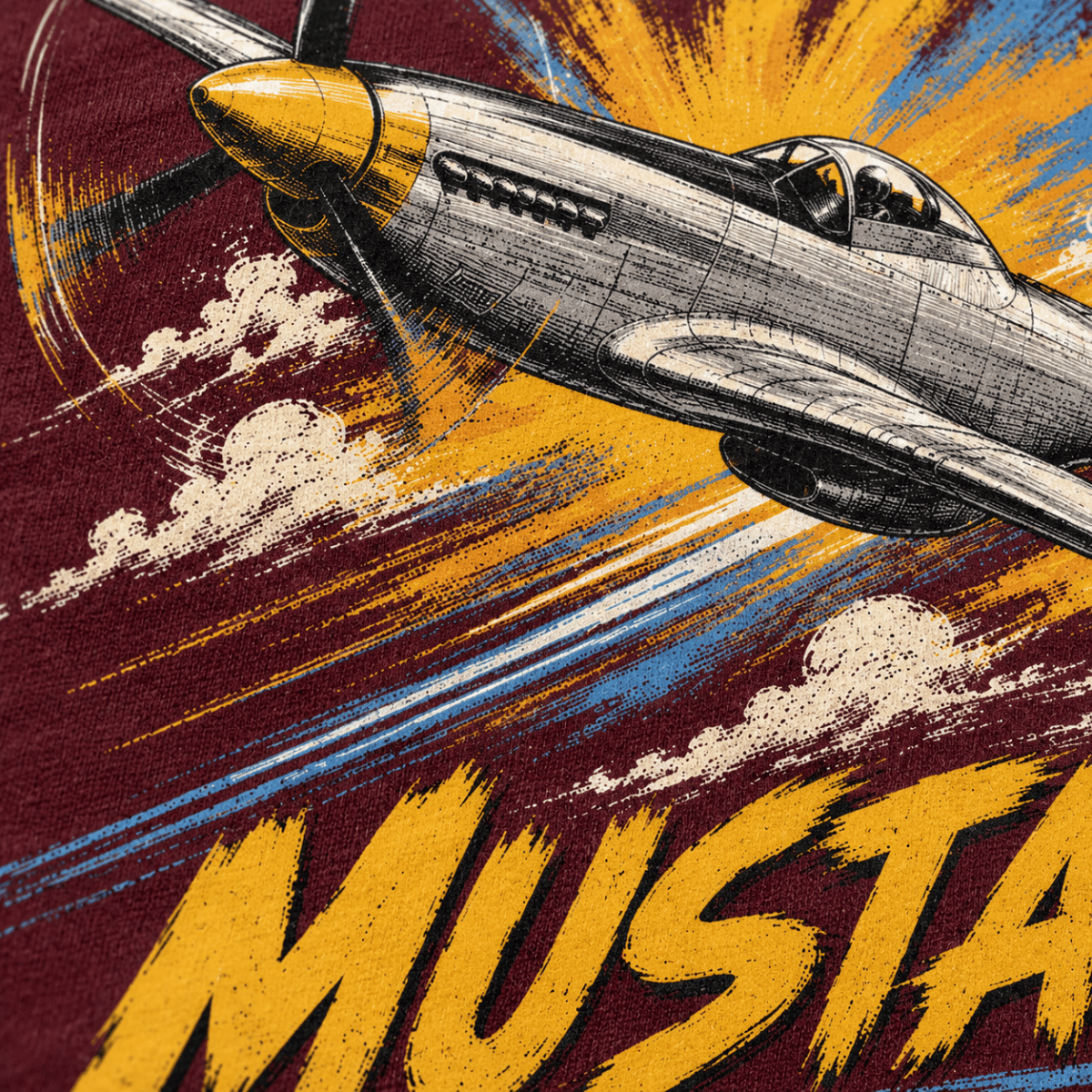 P-51 Mustang Fighter t-shirt in Burgundy, close-up of the halftone artwork