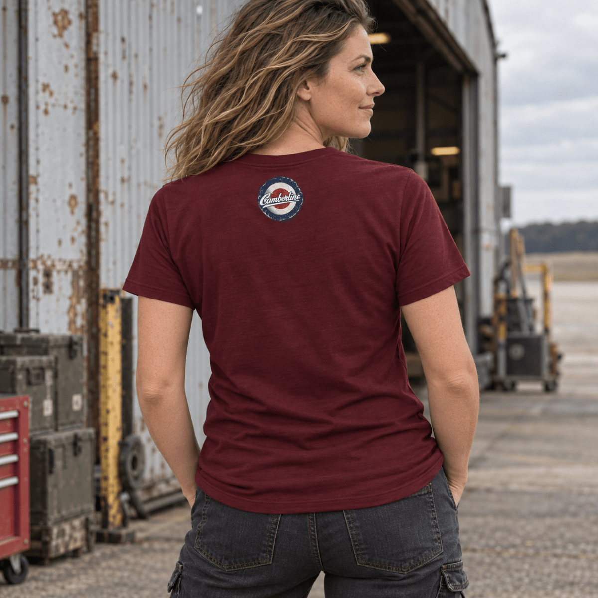 P-51 Mustang Fighter t-shirt in Burgundy, back view worn by a model
