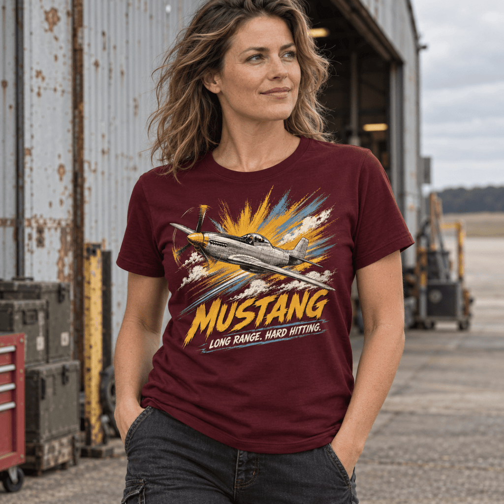 P-51 Mustang Fighter t-shirt in Burgundy, front view worn by a model
