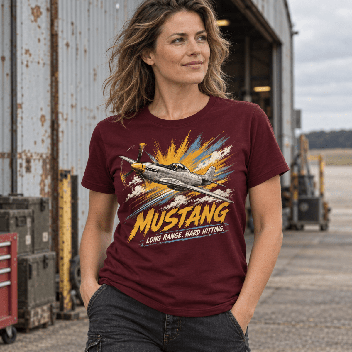 P-51 Mustang Fighter t-shirt in Burgundy, front view worn by a model
