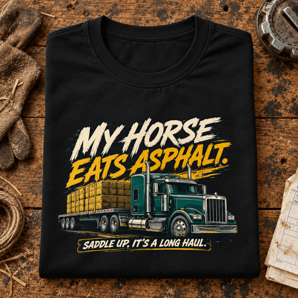 Black My Horse Eats Asphalt lorry T-shirt folded on a farm-haulage workbench