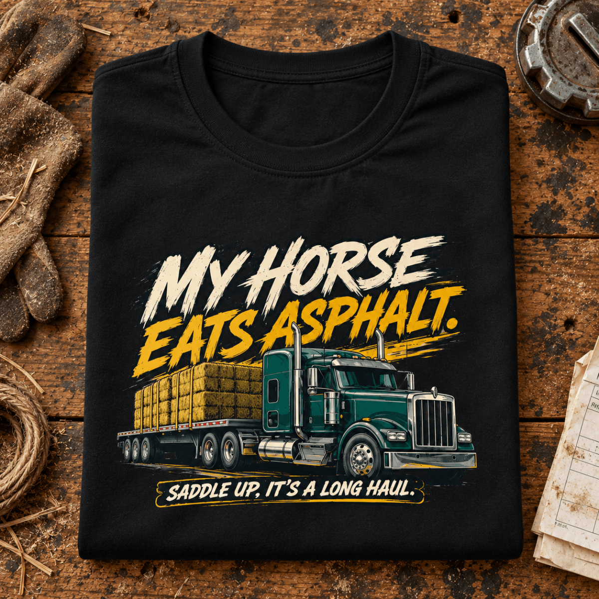 Black My Horse Eats Asphalt lorry T-shirt folded on a farm-haulage workbench