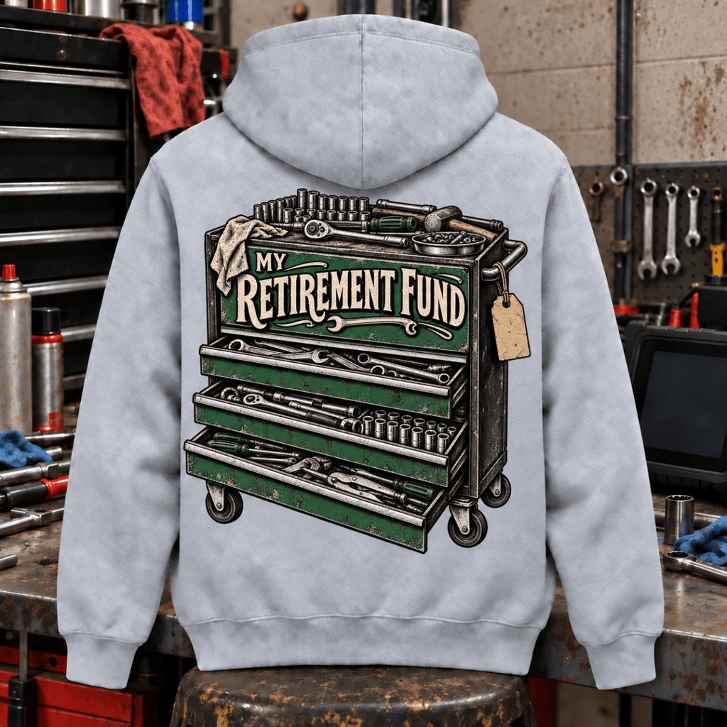 My Retirement Fund tool chest mechanic hoodie in sport grey (heather grey), back workshop garment view – car-hd-0809