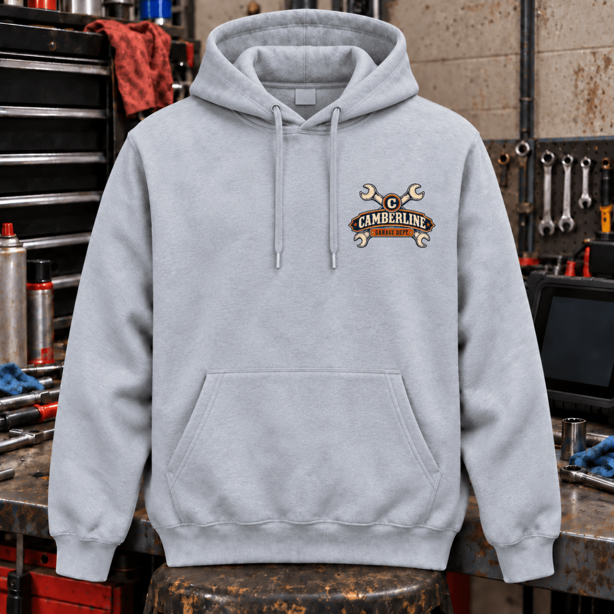 My Retirement Fund tool chest mechanic hoodie in sport grey (heather grey), front workshop garment view – car-hd-0809