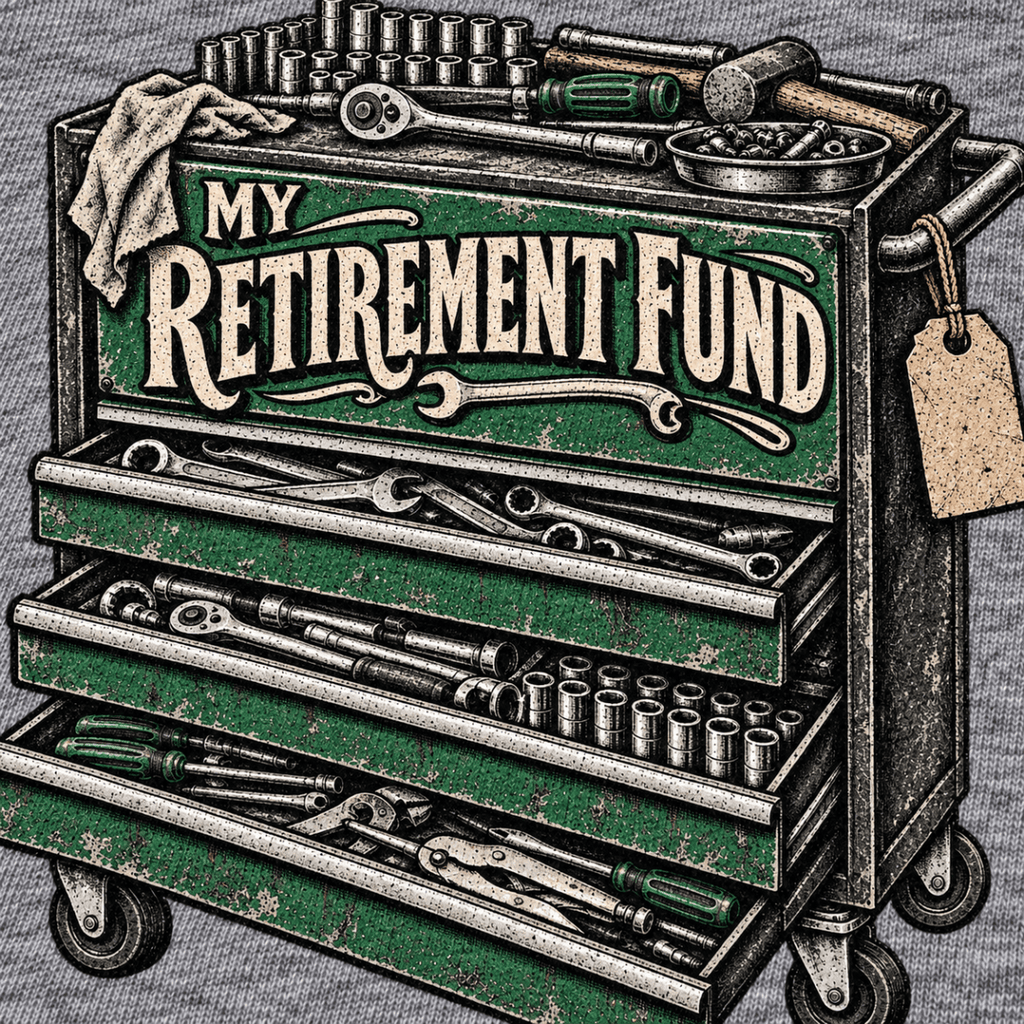 My Retirement Fund tool chest mechanic hoodie in sport grey (heather grey), print close-up – car-hd-0809