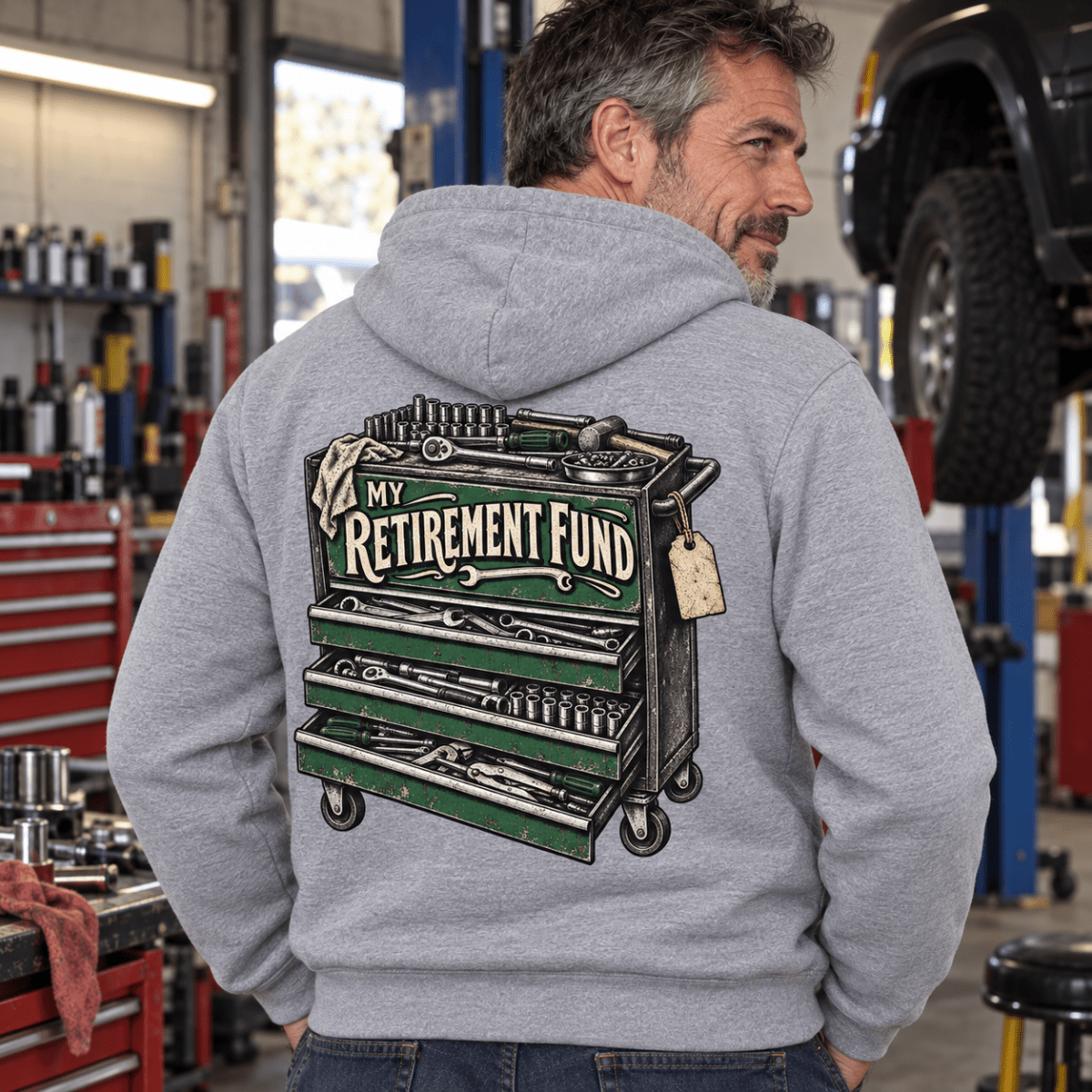 My Retirement Fund tool chest mechanic hoodie in sport grey (heather grey), model back – car-hd-0809