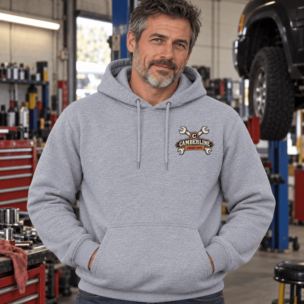 My Retirement Fund tool chest mechanic hoodie in sport grey (heather grey), model front – car-hd-0809