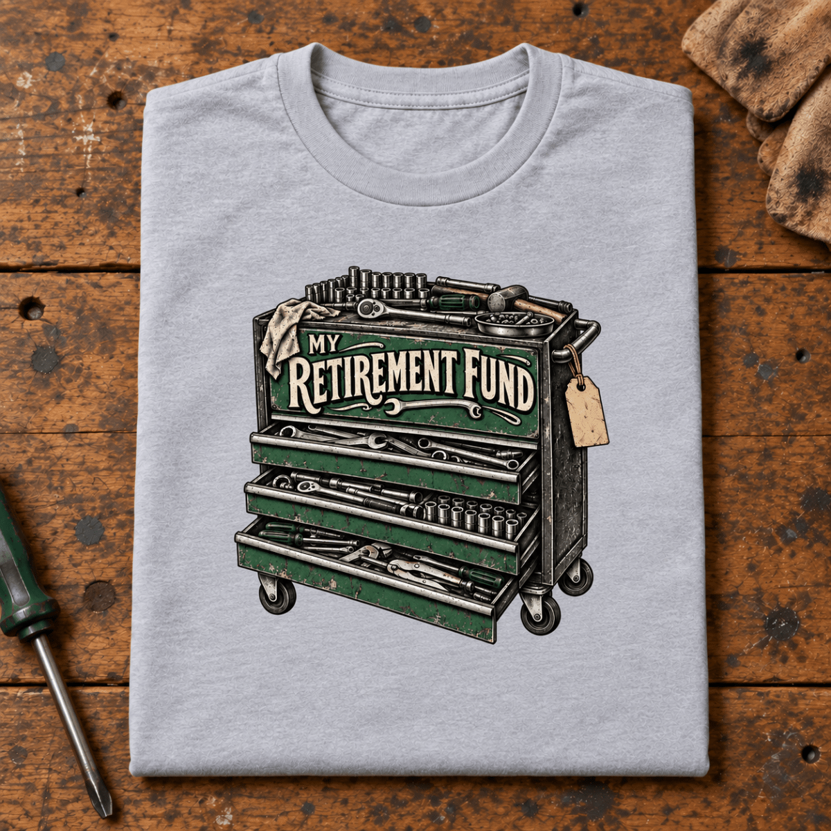 Camberline Tool Chest Mechanic T-Shirt in heather grey, folded front view on a workshop bench with full graphic visible