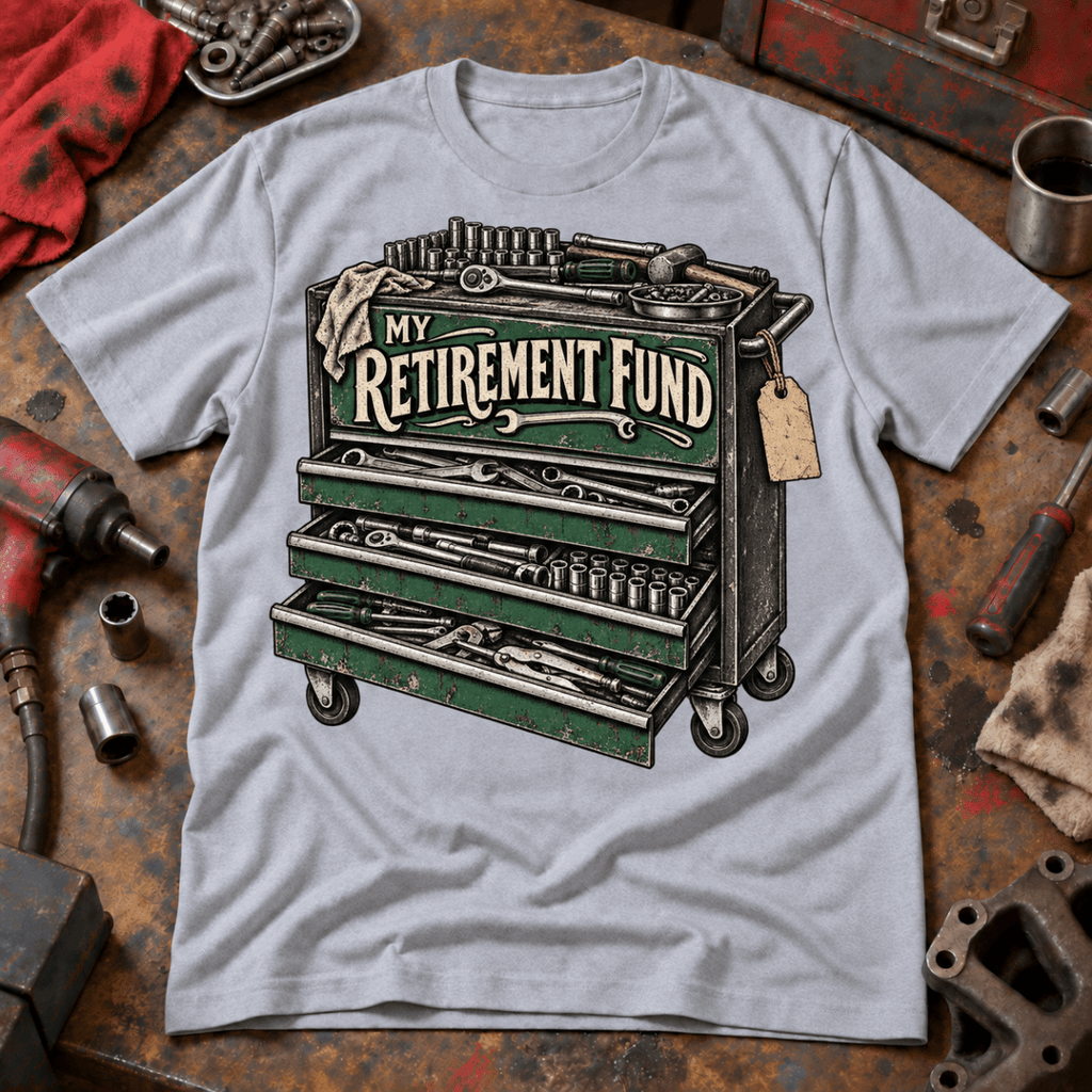 My Retirement Fund tool chest mechanic t-shirt in sport grey (heather grey), front workshop garment view – car-ts-0809