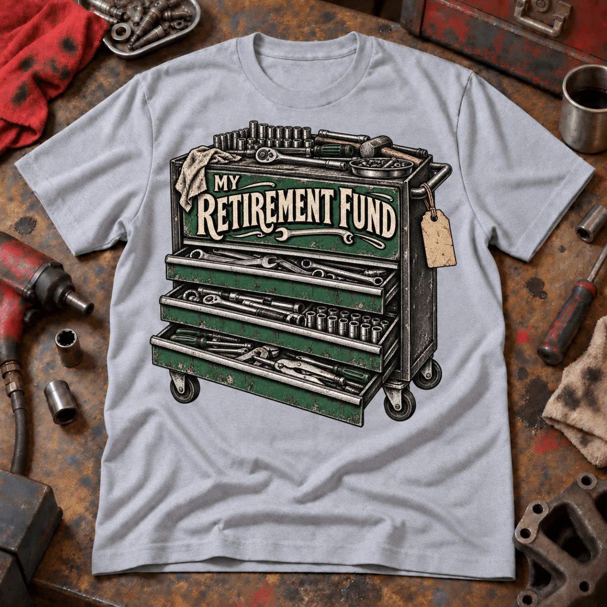 My Retirement Fund tool chest mechanic t-shirt in sport grey (heather grey), front workshop garment view – car-ts-0809