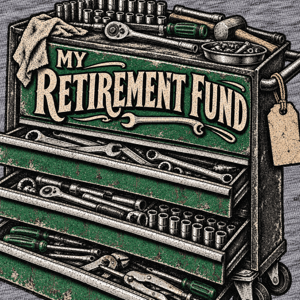 My Retirement Fund tool chest mechanic t-shirt in sport grey (heather grey), print close-up – car-ts-0809