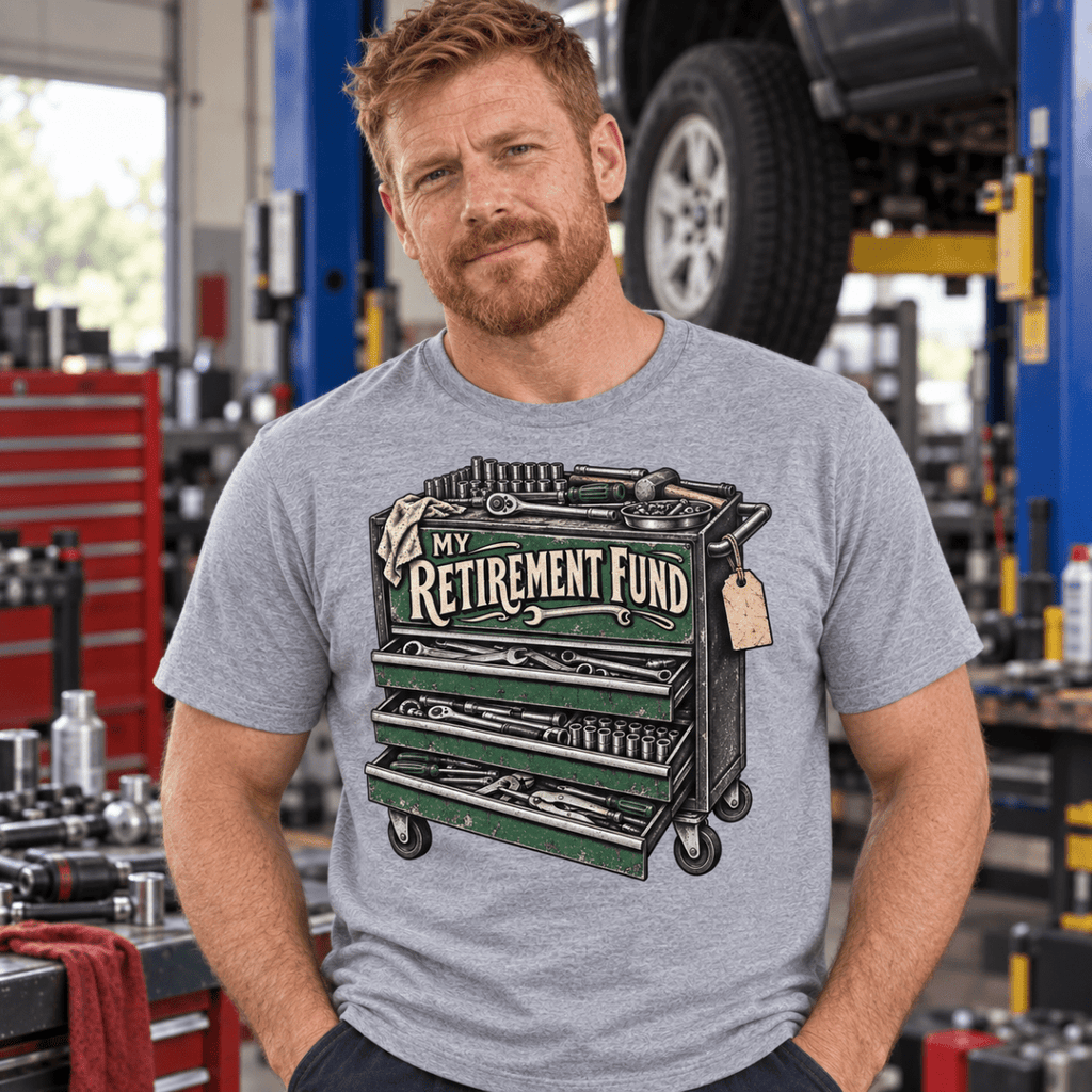 My Retirement Fund tool chest mechanic t-shirt in sport grey (heather grey), model front – car-ts-0809