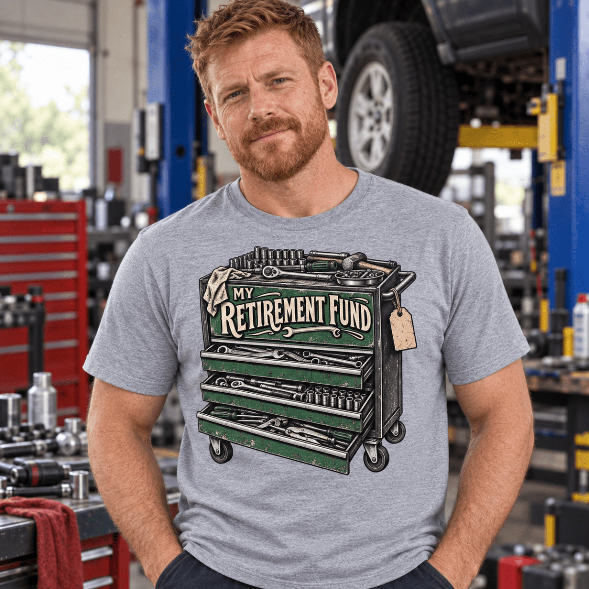 My Retirement Fund tool chest mechanic t-shirt in sport grey (heather grey), model front – car-ts-0809