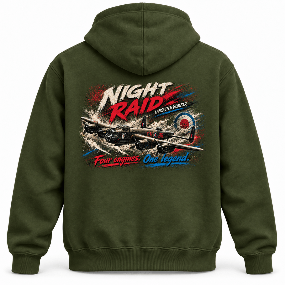 Lancaster Bomber Night Raid hoodie in Military Green, basic back product view