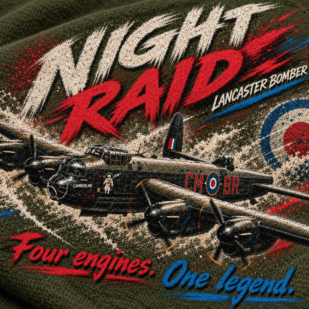 Lancaster Bomber Night Raid hoodie in Military Green, close-up of the halftone artwork