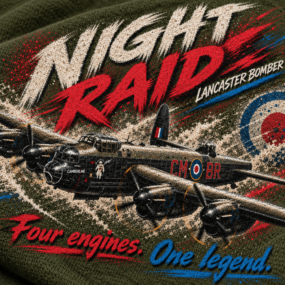 Lancaster Bomber Night Raid hoodie in Military Green, close-up of the halftone artwork