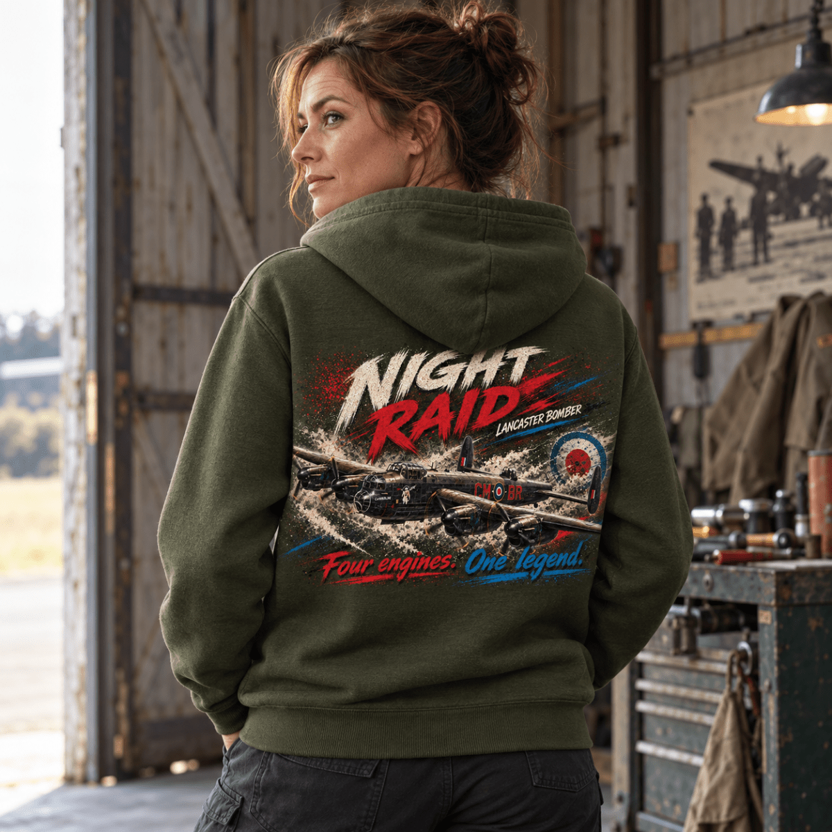 Lancaster Bomber Night Raid hoodie in Military Green, back view worn by a model