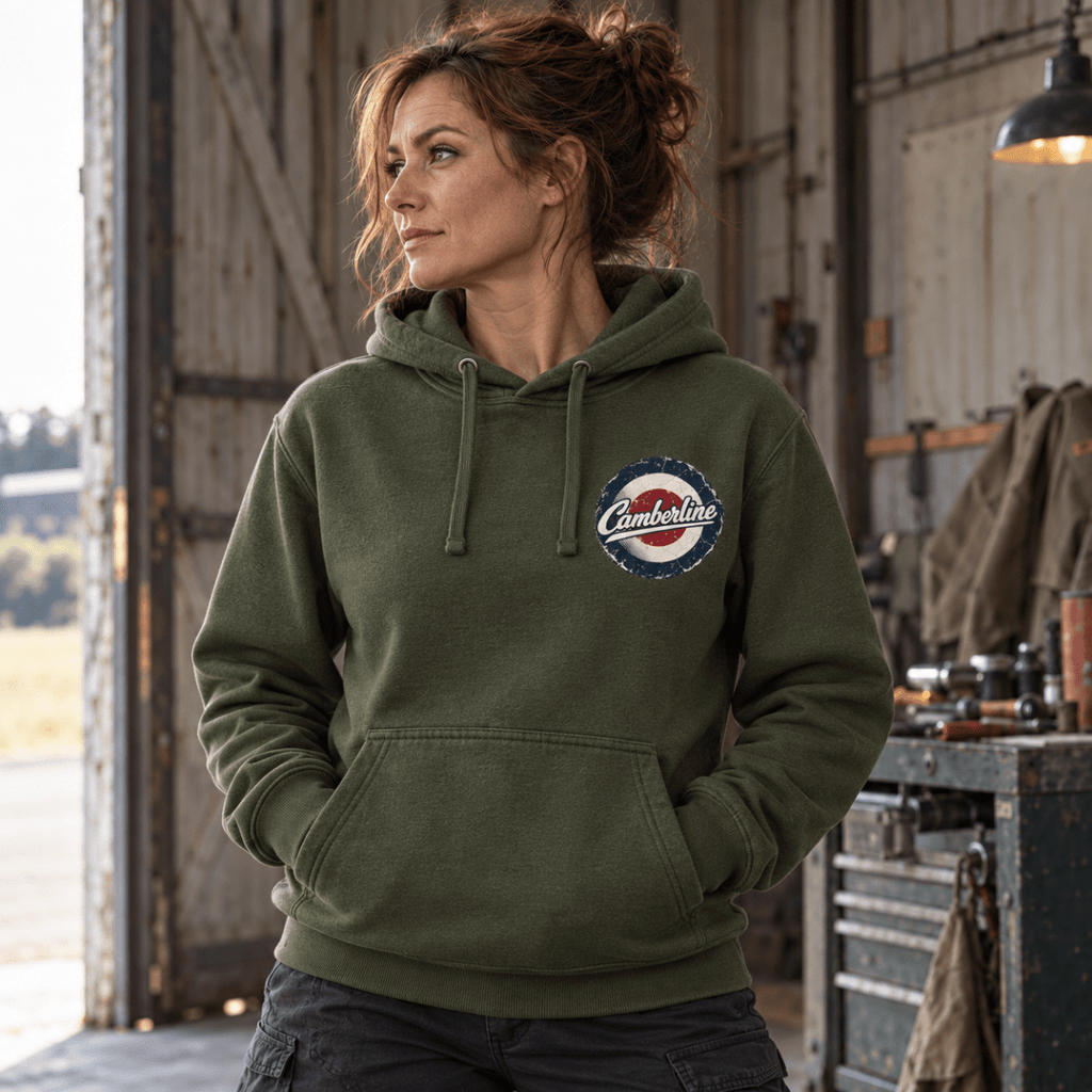 Lancaster Bomber Night Raid hoodie in Military Green, front view worn by a model