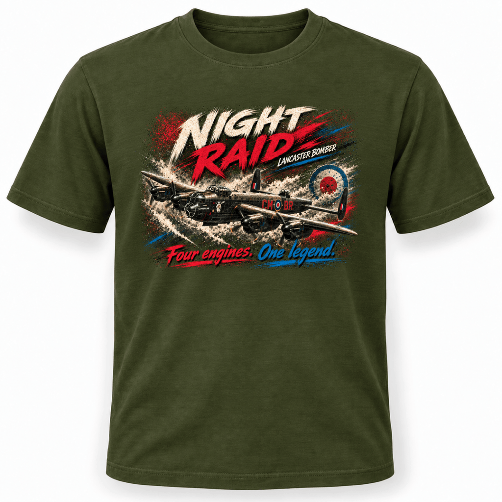 Lancaster Bomber Night Raid t-shirt in Military Green, basic front product view