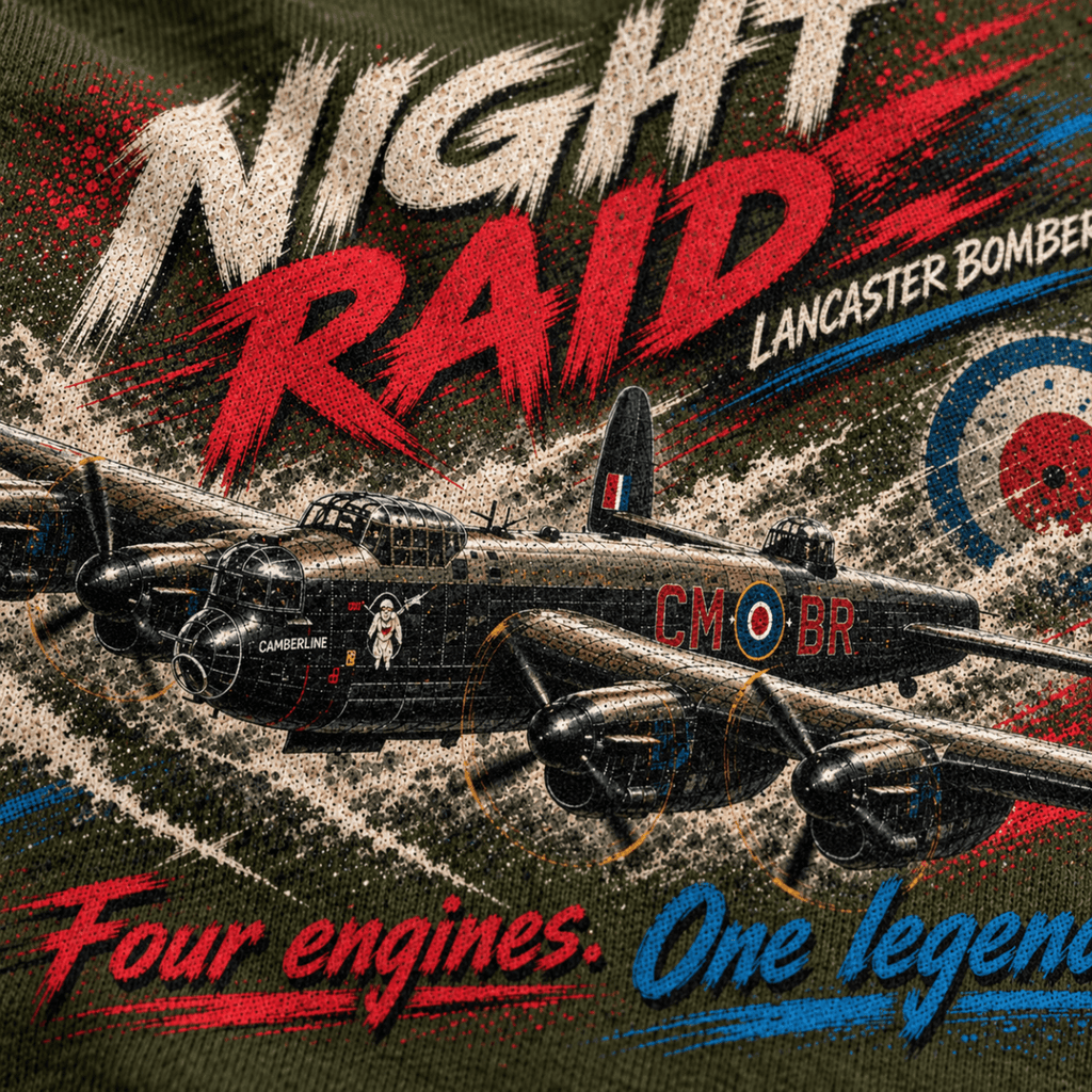 Lancaster Bomber Night Raid t-shirt in Military Green, close-up of the halftone artwork