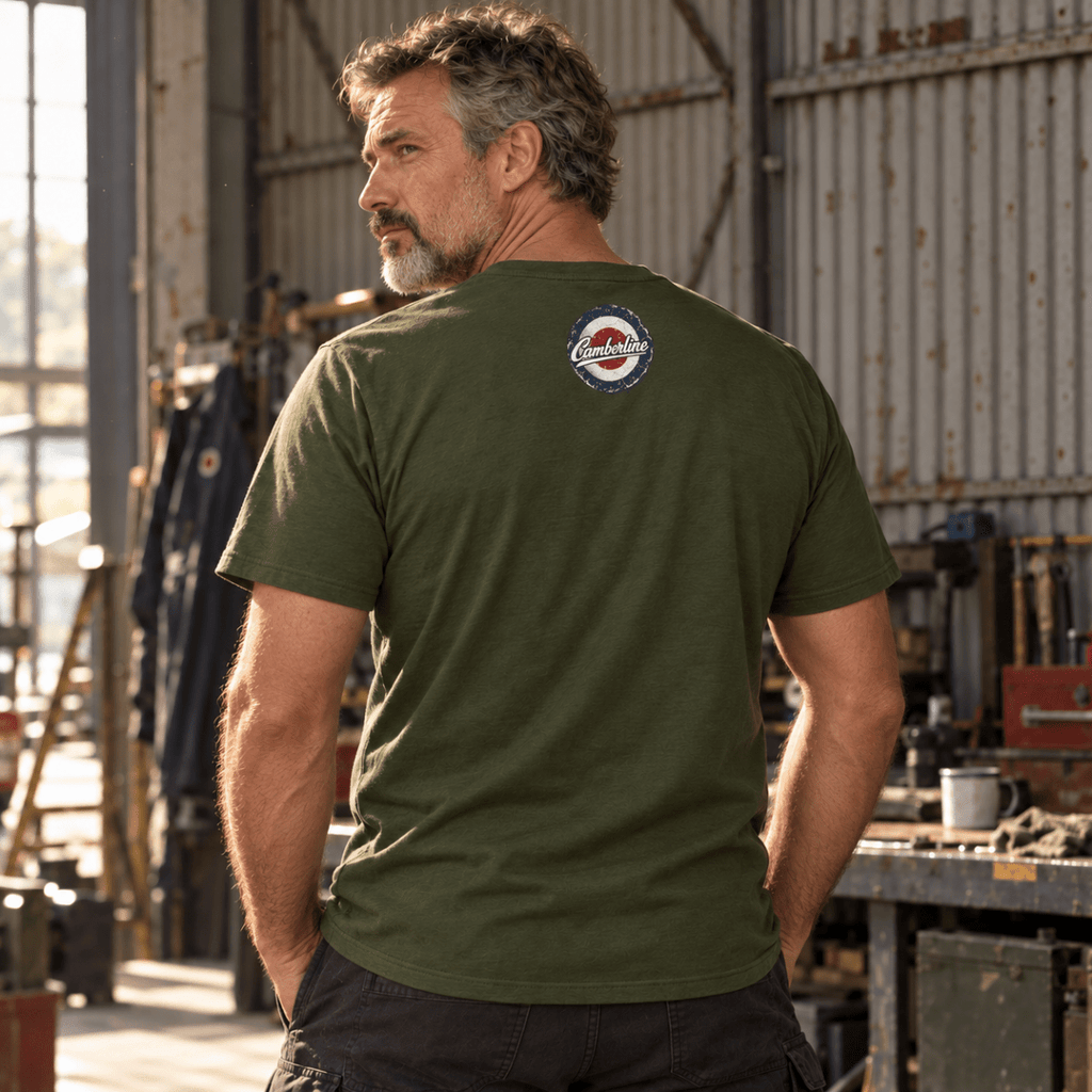 Lancaster Bomber Night Raid t-shirt in Military Green, back view worn by a model