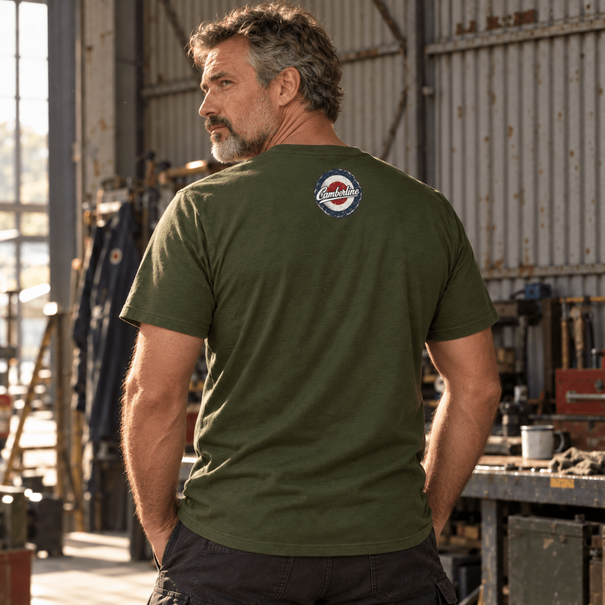 Lancaster Bomber Night Raid t-shirt in Military Green, back view worn by a model
