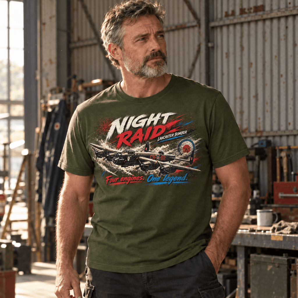 Lancaster Bomber Night Raid t-shirt in Military Green, front view worn by a model