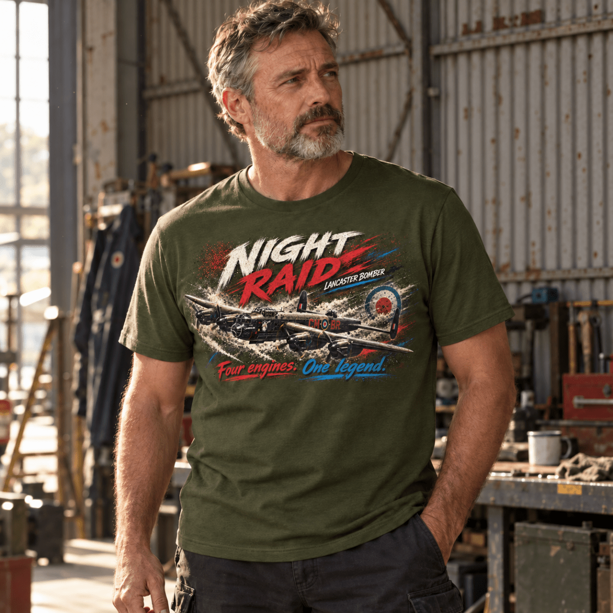 Lancaster Bomber Night Raid t-shirt in Military Green, front view worn by a model