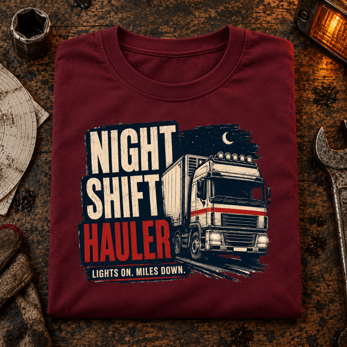 Burgundy Night Shift Hauler lorry T-shirt folded on a gritty haulage workshop bench