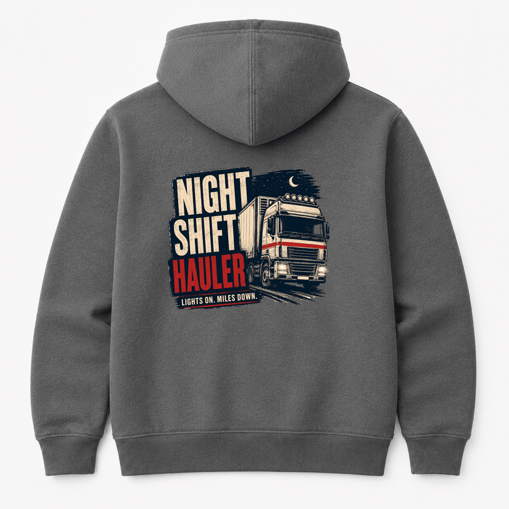 Gray hoodie with 'Night Shift Hauler' graphic on the back